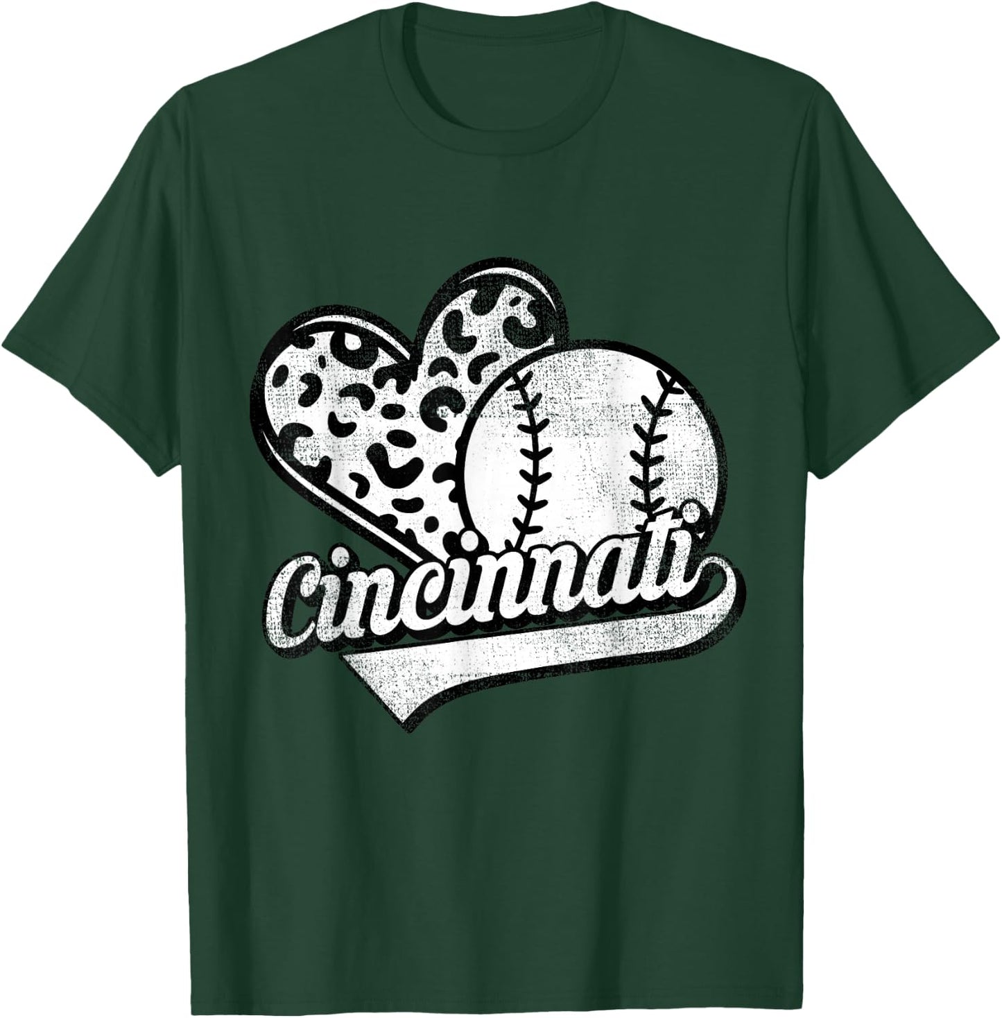 Vintage Cincinnati Baseball Leopard Heart Baseball Fans T-Shirt - T-Shirt | Forest