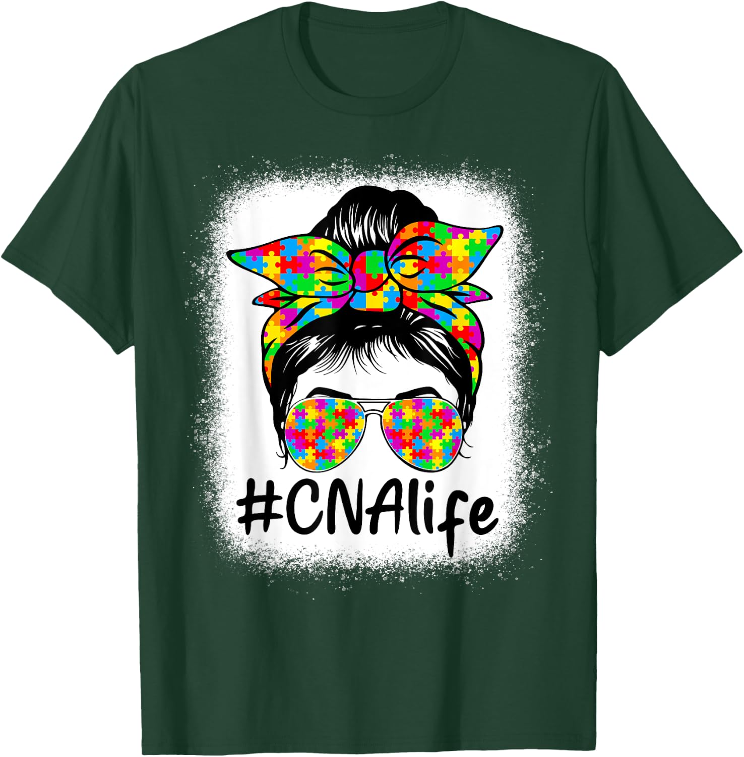 CNA Certified Nursing Assistant Messy Bun Autism Awareness T-Shirt - T-Shirt | Forest