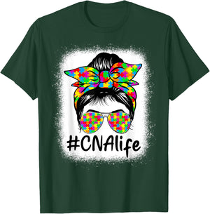 CNA Certified Nursing Assistant Messy Bun Autism Awareness T-Shirt - T-Shirt | Forest