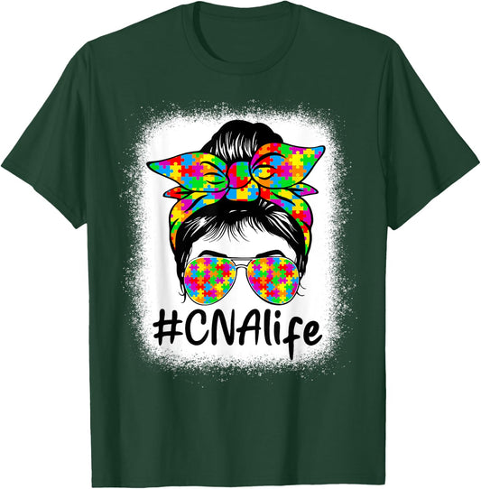 CNA Certified Nursing Assistant Messy Bun Autism Awareness T-Shirt - T-Shirt | Forest