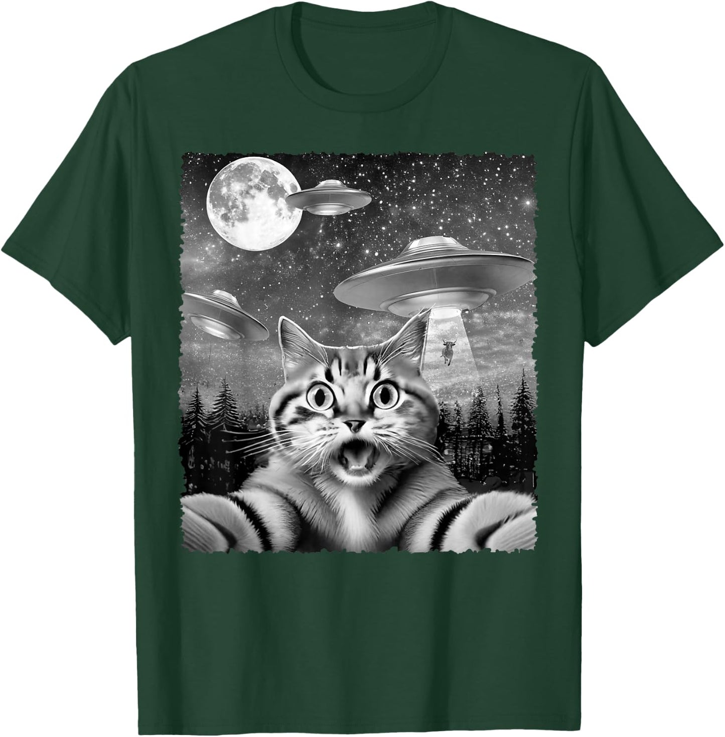 Funny Alien Cat Selfie with UFOs Gift Men Women Kids T-Shirt - T-Shirt | Forest