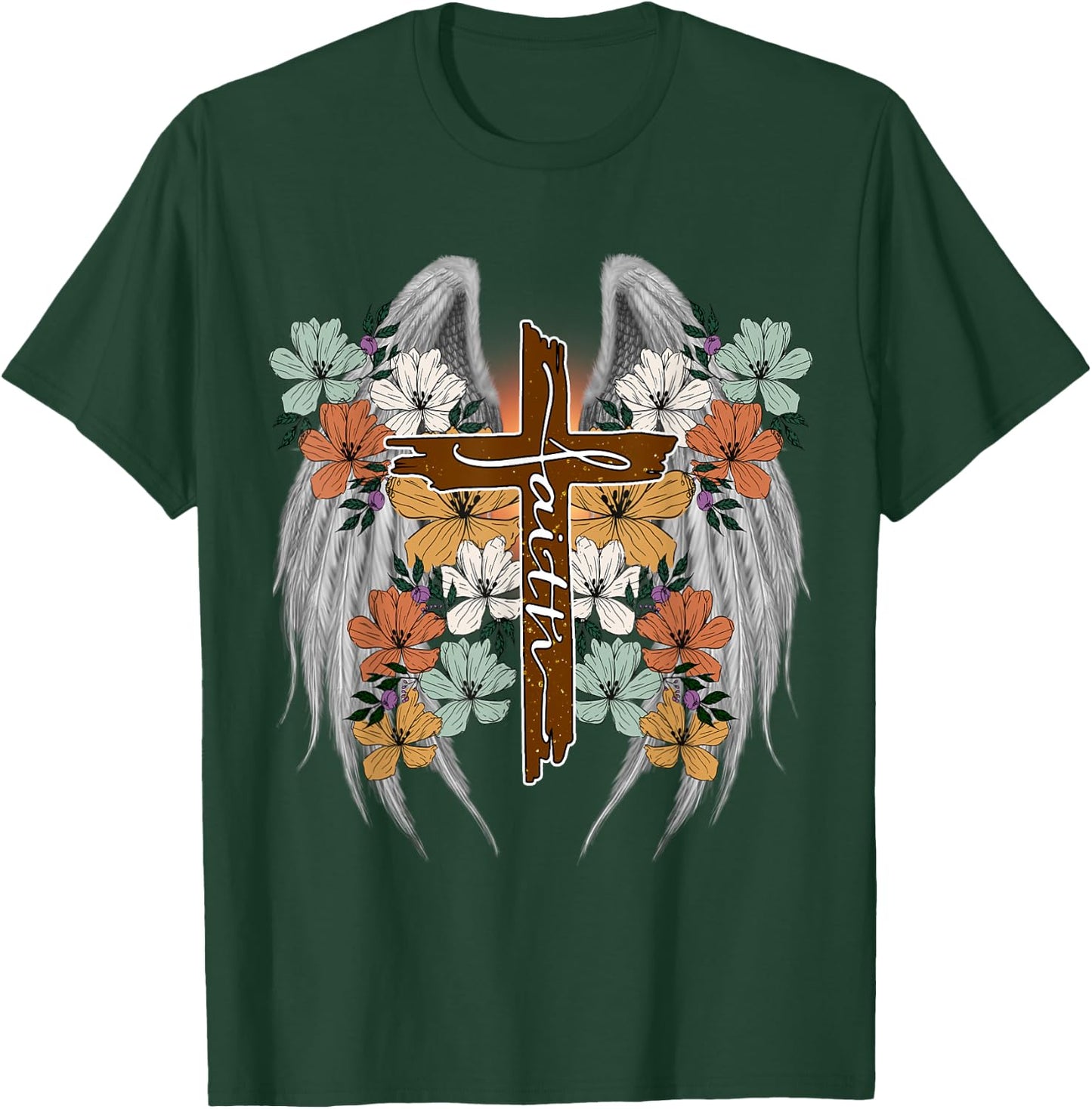 Cross Flowers Angel wings Faith Religious T-Shirt - T-Shirt | Forest