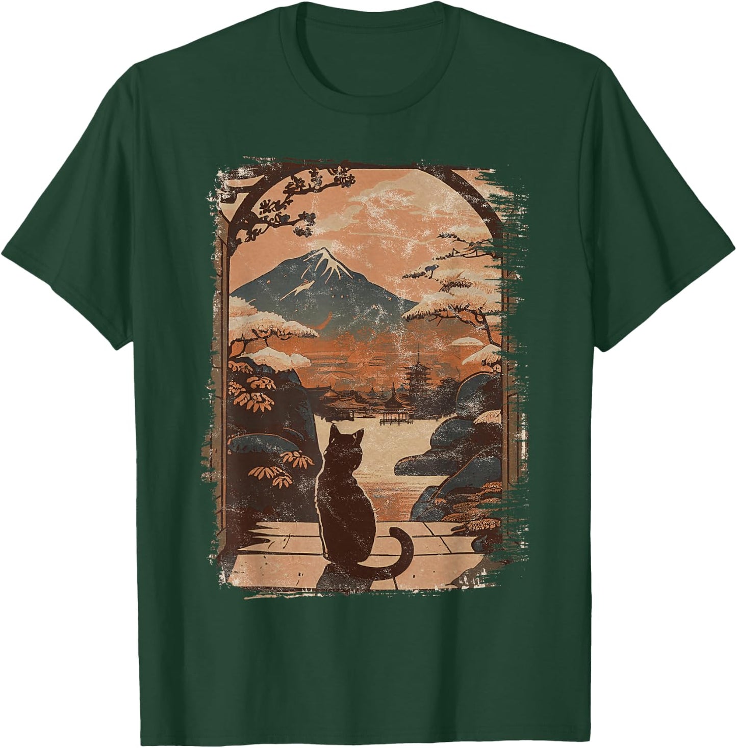 Japanese Cat with Landscape and Mountain T-Shirt - T-Shirt | Forest