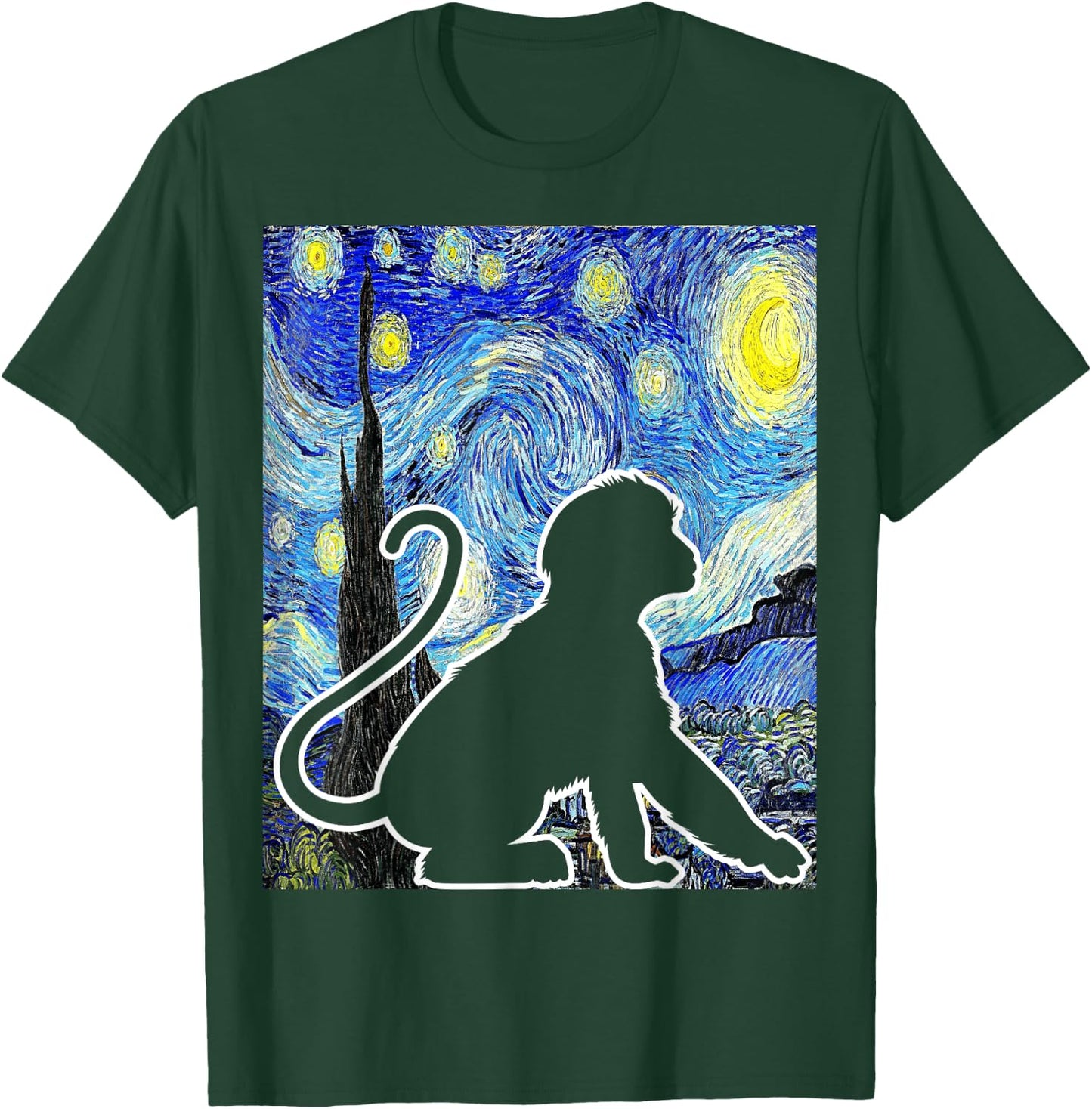 Funny Monkey Van Gogh Famous Painting Monkey Starry Night Monkey Lover - Black, -Adults & Kids, Short Sleeve, Classic Fit, , Small T-Shirt - T-Shirt | Forest