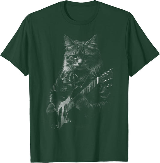 Rock Cat Playing Guitar - Funny Guitar Cat T-Shirt - T-Shirt | Forest