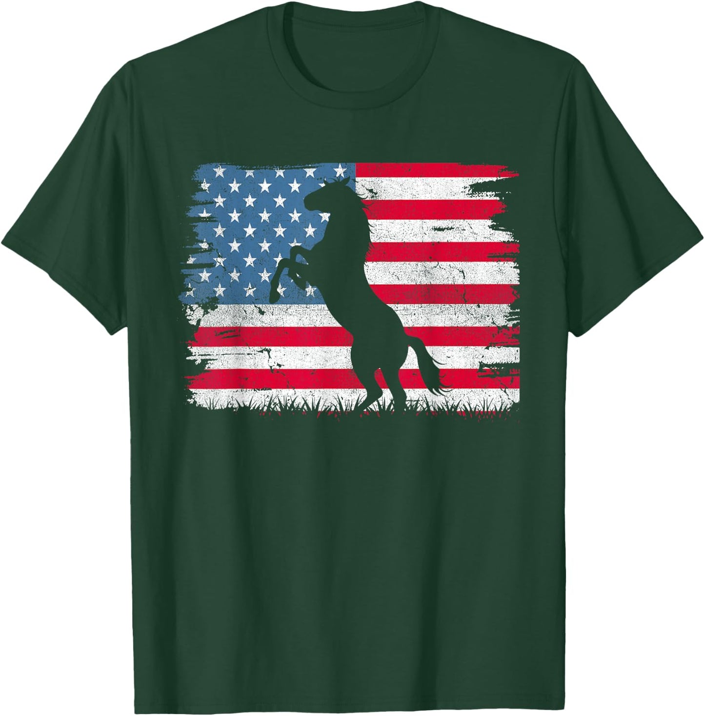 Horse American Flag USA 4th of July Men Women Boys Girls T-Shirt - T-Shirt | Forest