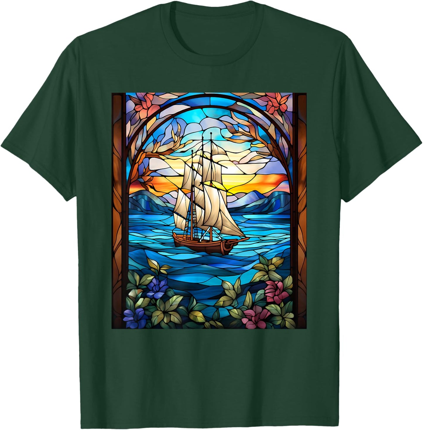 Stained Glass Style Sailing T-Shirt - T-Shirt | Forest