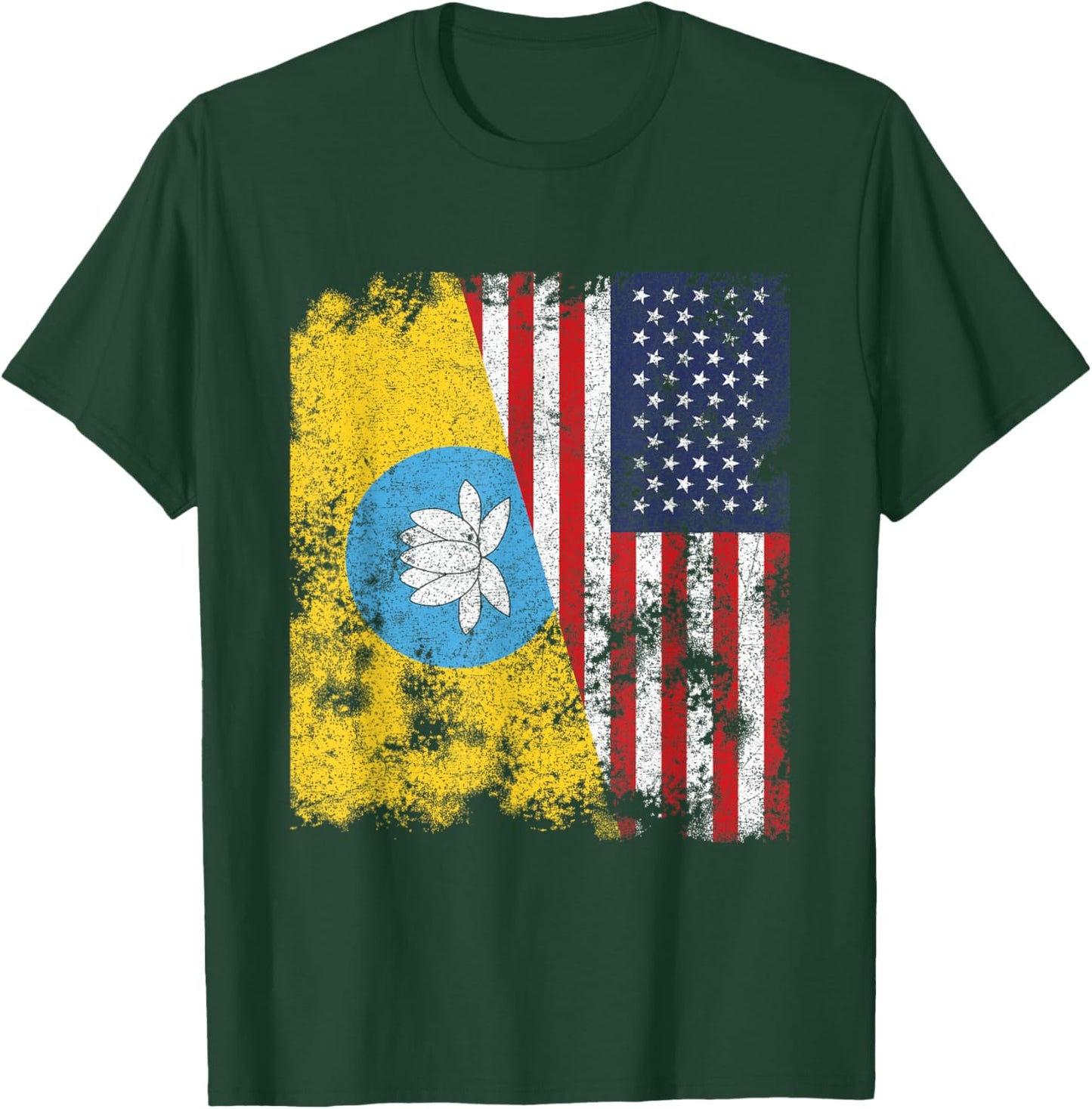 Kalmykia USA Flag Distressed - Half American Women Kids Men T-Shirt - T-Shirt | Forest