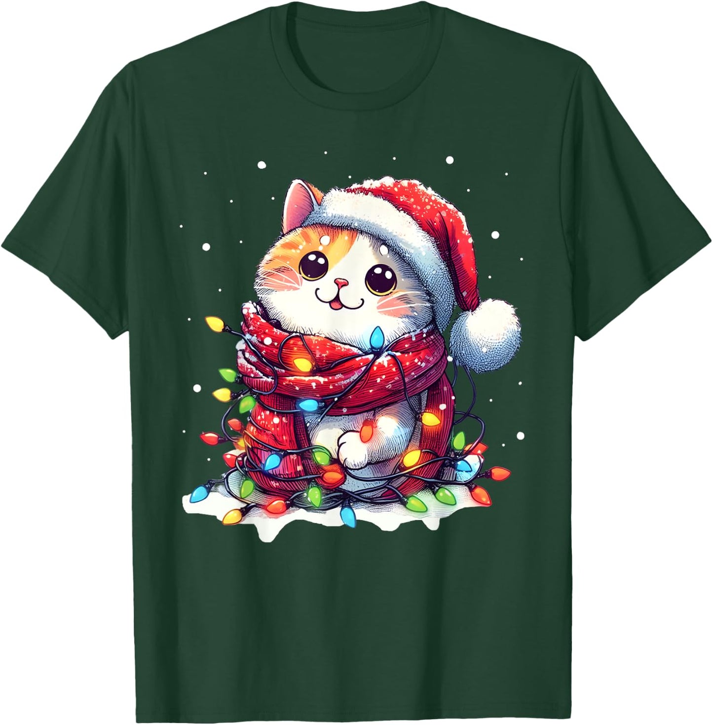 Funny Santa Cat Tangled Up in Christmas Lights Holiday Xmas Men Women Kids T-Shirt - T-Shirt | Forest