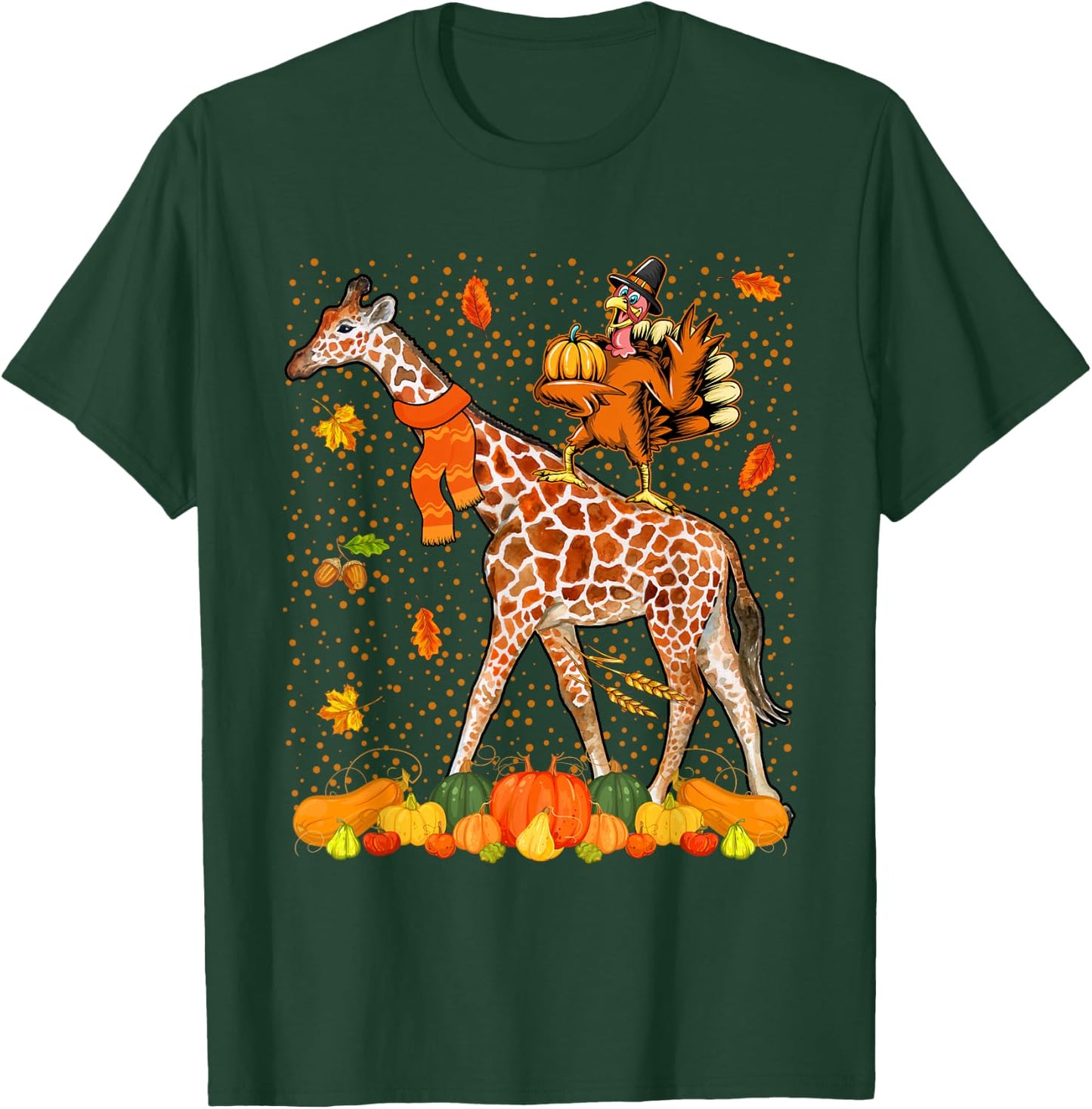 Wild Animal Thanksgiving Costume Thanksgiving Turkey Riding Giraffe With Fall Pumpkins -Adults Black Small Classic Fit Short Sleeve Cotton, Polyester Thanksgiving-themed T-Shirt - T-Shirt | Forest