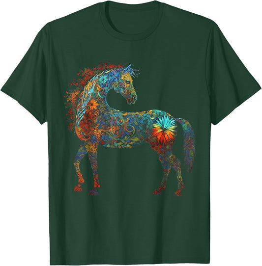 Horse Mandala Lover Artwork | Flowers Animal Motif Horse T-Shirt - T-Shirt | Forest