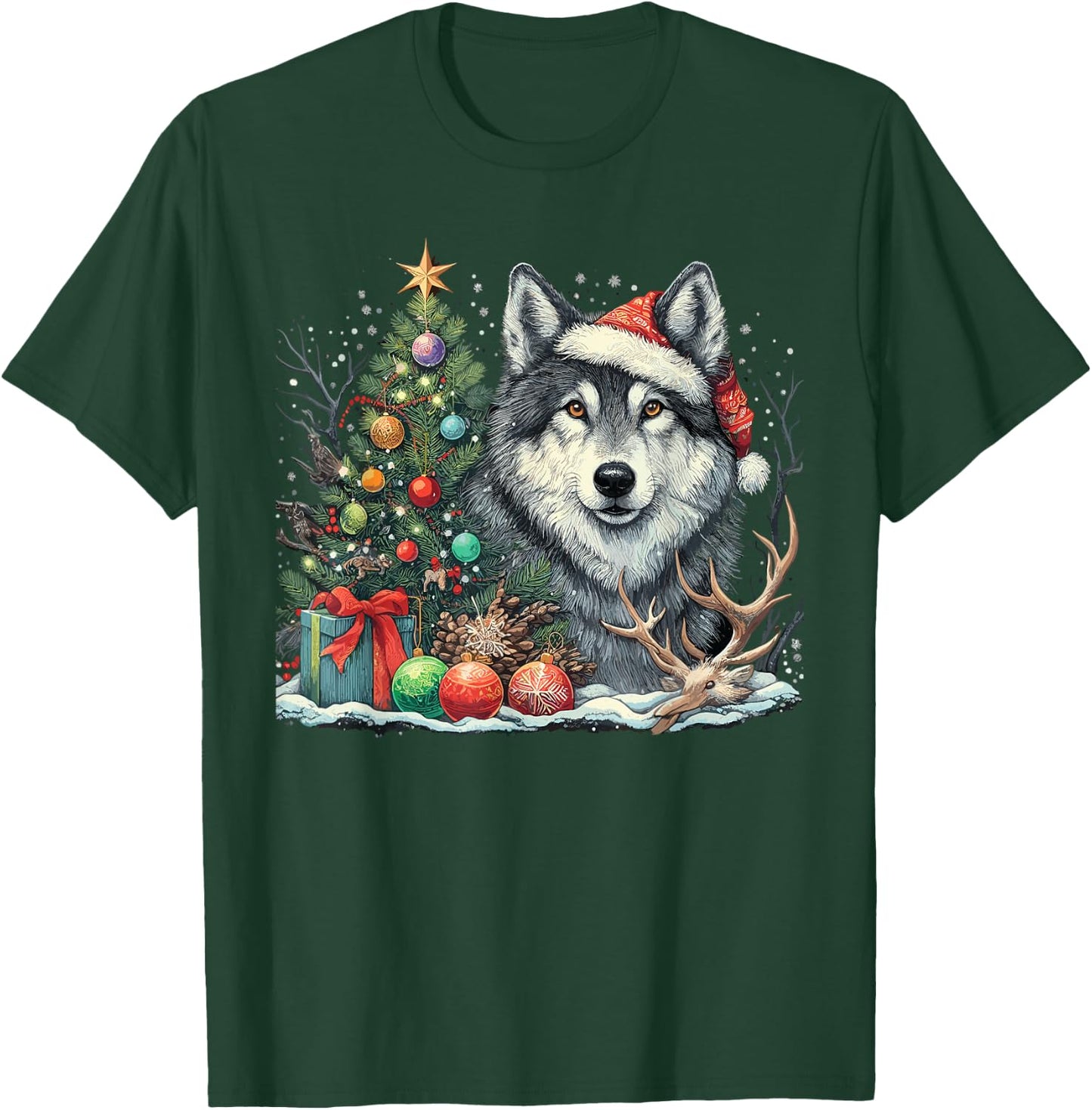 Cute Wolf With Christmas tree Wearing Santa Hat T-Shirt - T-Shirt | Forest