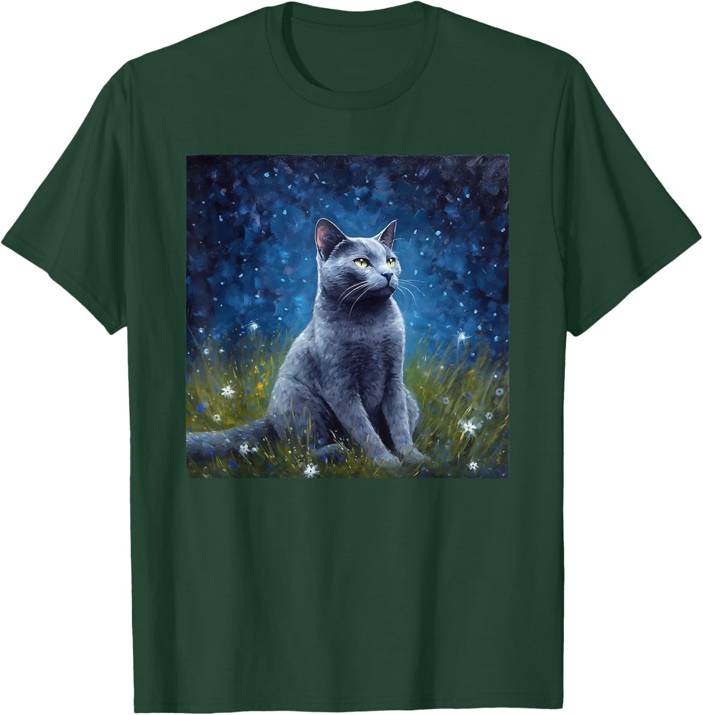 Cute Russian Blue Cat In A Starry Sky Night Painting T-Shirt - T-Shirt | Forest