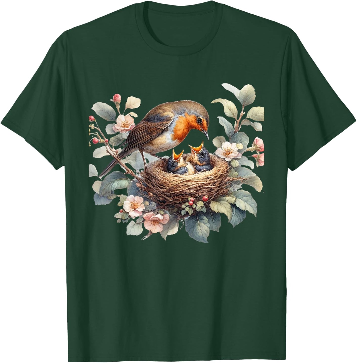 Mother Robin and Baby Robin Nestlings Ornithology T-Shirt - T-Shirt | Forest