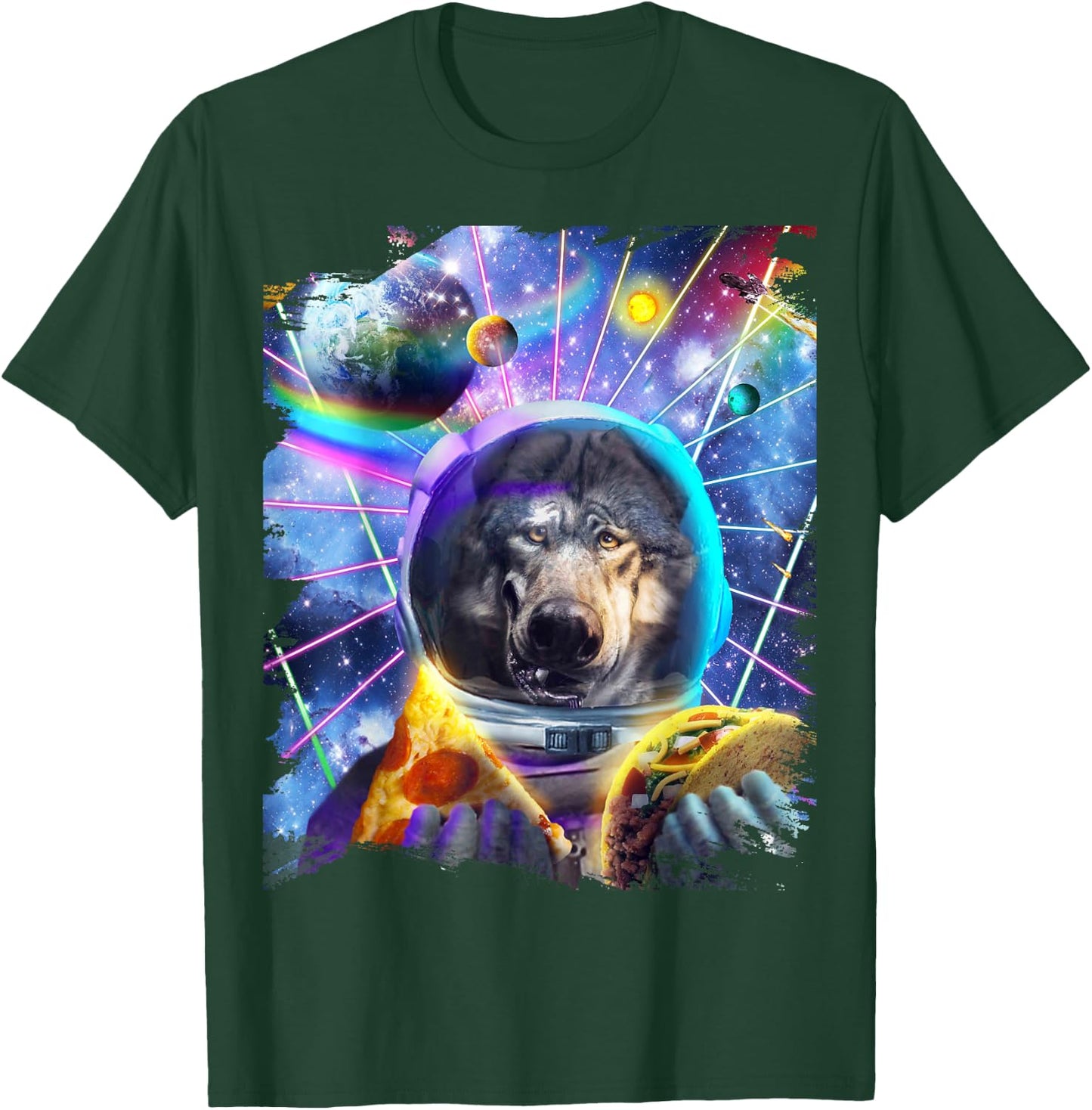 Wolf Astronaut In Space Eating Pizza Taco T-Shirt - T-Shirt | Forest