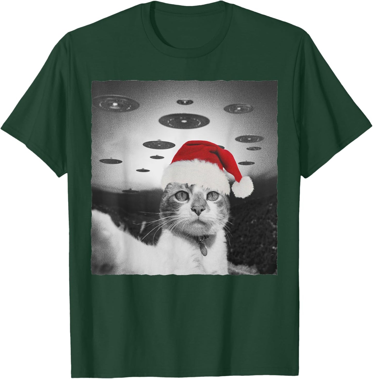 Funny Christmas Cat wear Santa Hat selfie with Alien UFO Men Women Kids T-Shirt - T-Shirt | Forest
