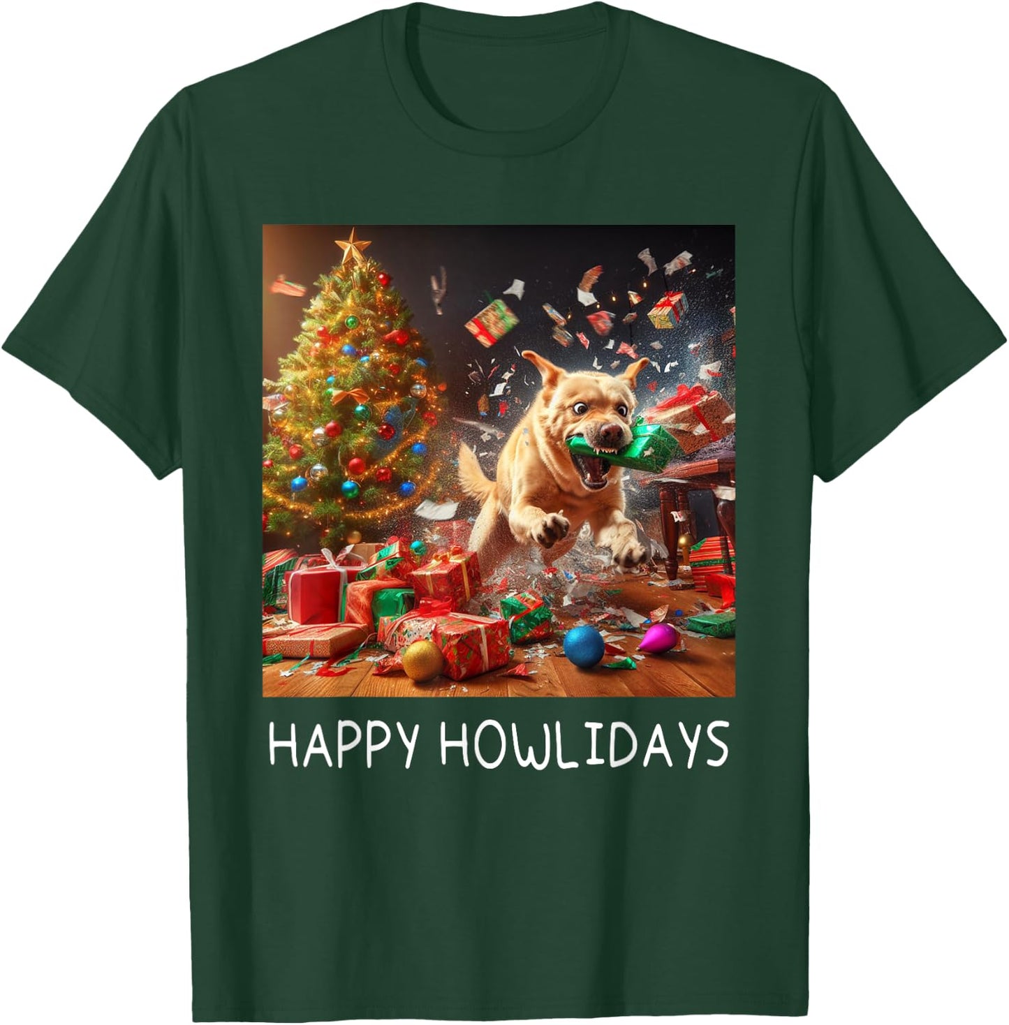 Funny Crazy Chaotic Dog Under The Tree Cute Happy Howlidays T-Shirt - T-Shirt | Forest