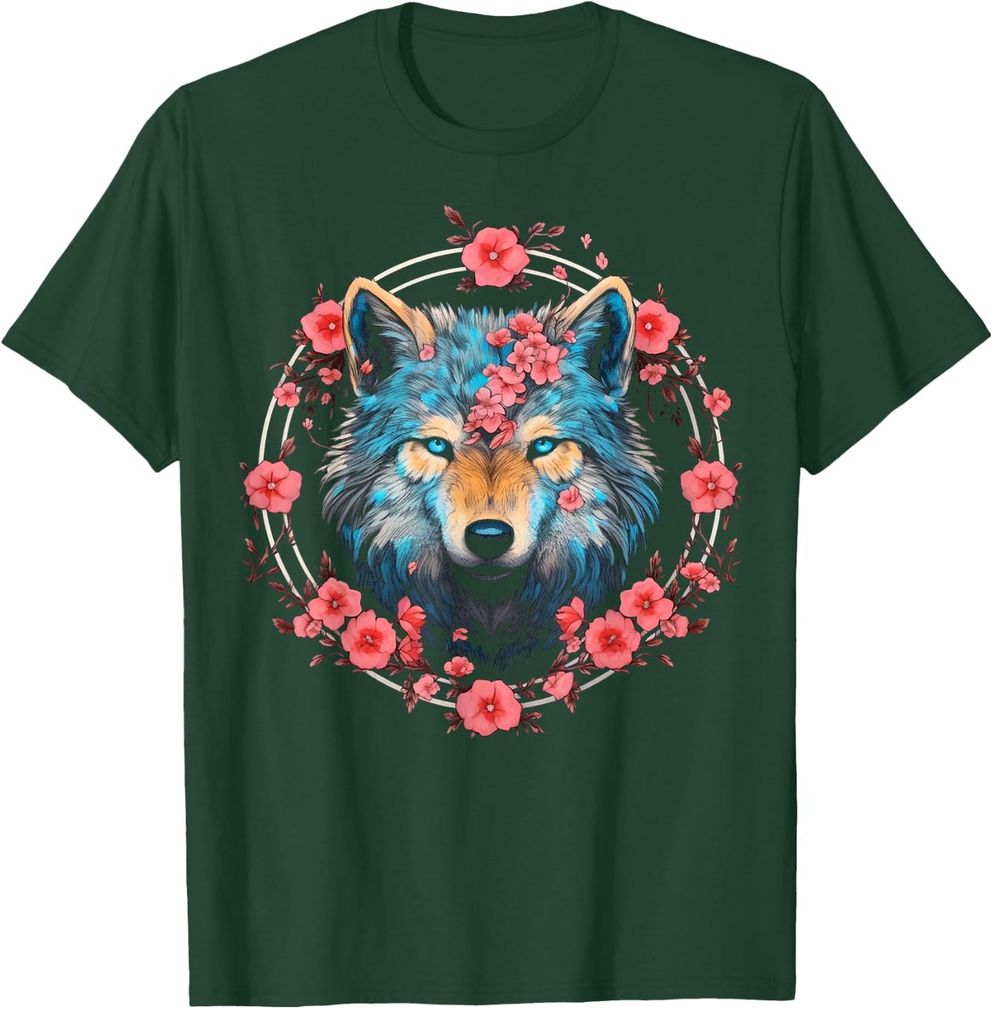 Wolf Blue Eyes Artwork | Cherry Blossoms Wolf T-Shirt - T-Shirt | Forest