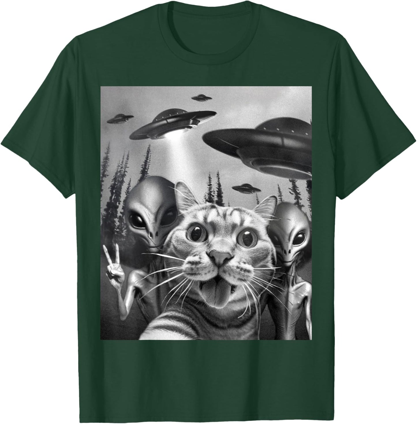 Funny Cat Selfie with UFOs Peace Sign Alien Cat UFO Invasion T-Shirt - T-Shirt | Forest