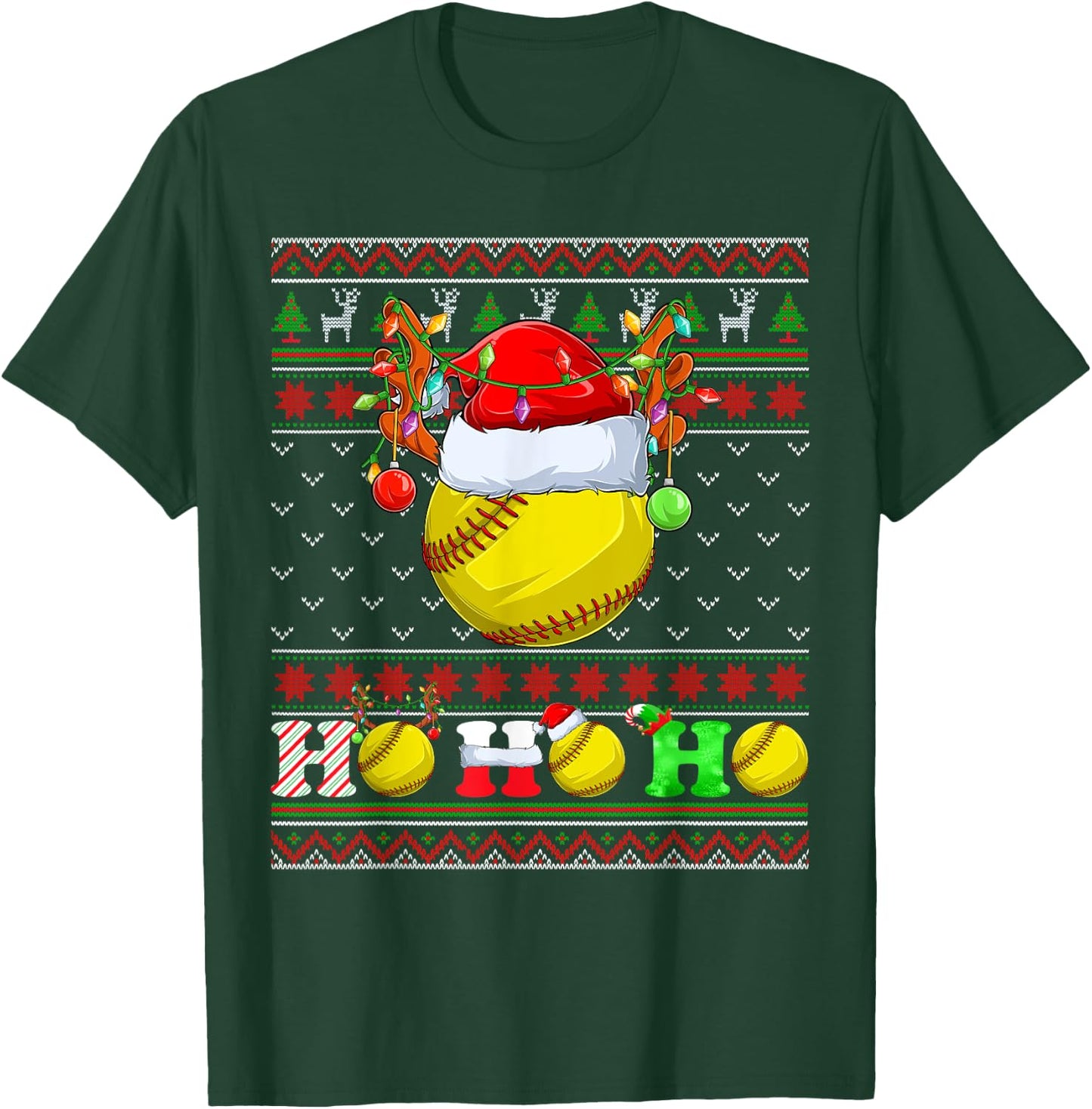 Funny Softball Ball Xmas Tree Lights Ugly Christmas Sweater T-Shirt - T-Shirt | Forest
