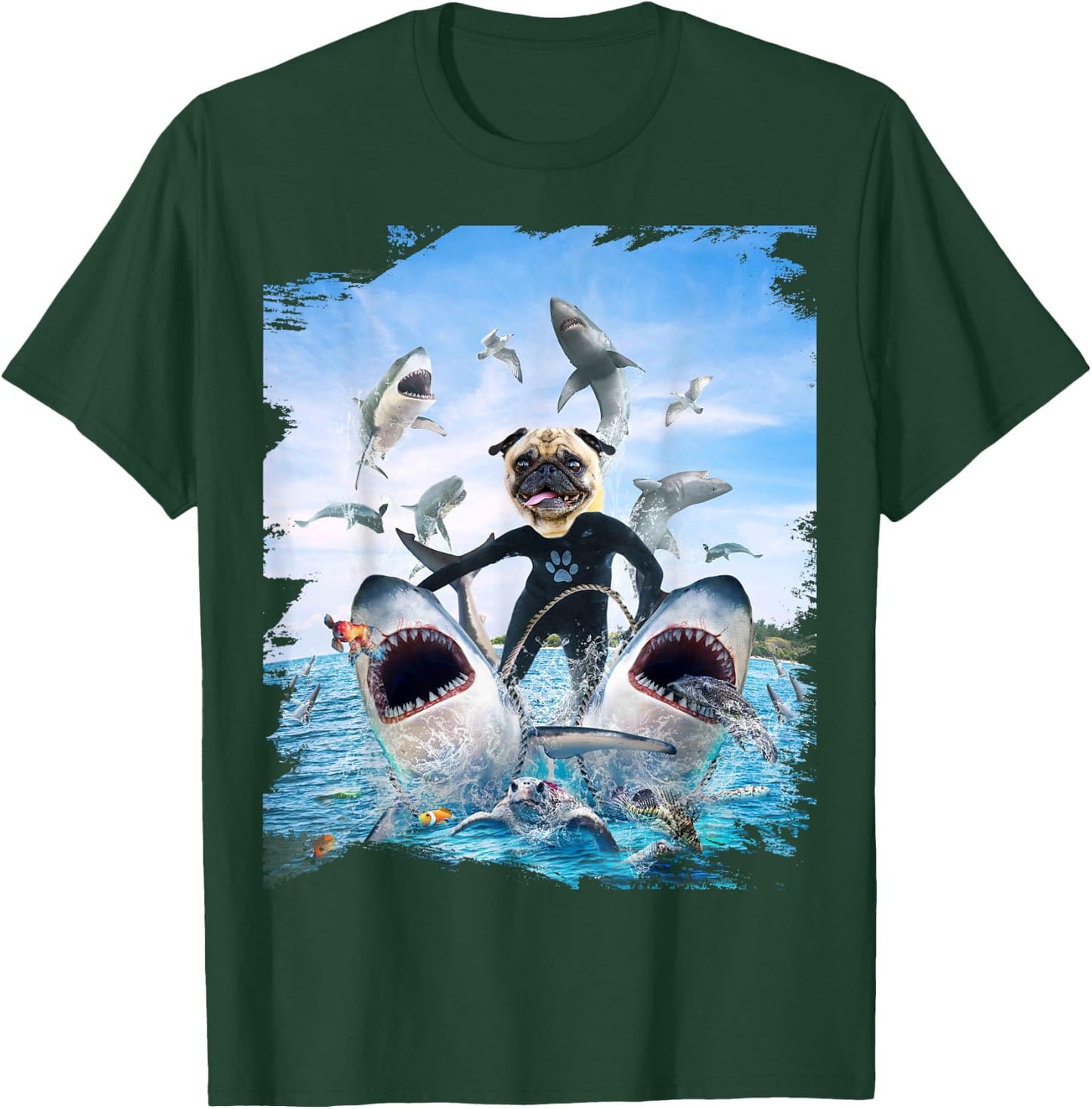 Dog Pug Riding Shark Sharks At Beach Ocean Funny Men Women Kids T-Shirt - T-Shirt | Forest