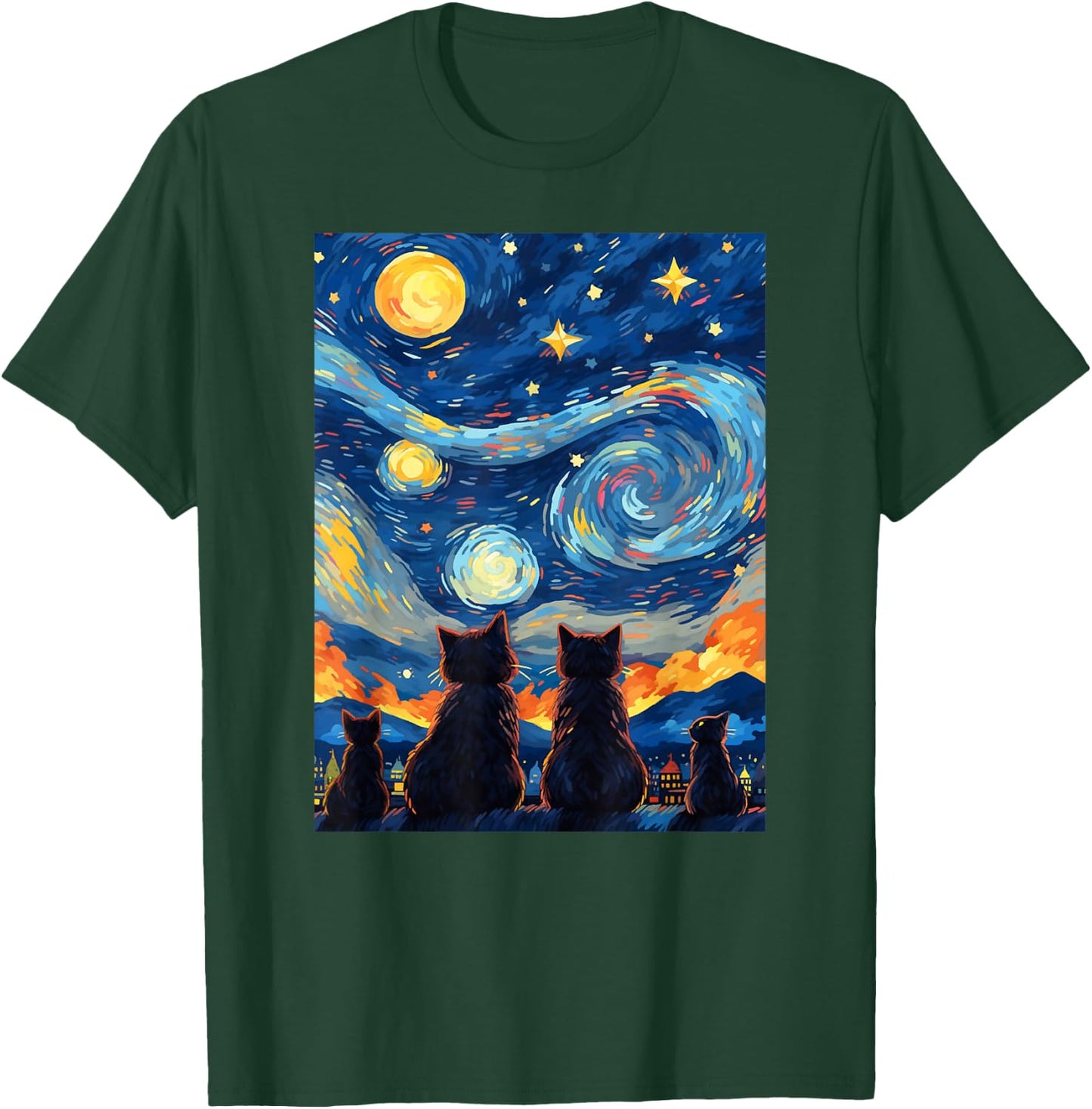 black cats Painting art Starry Night kitty kitten Van Gogh T-Shirt - T-Shirt | Forest