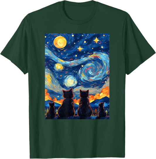 black cats Painting art Starry Night kitty kitten Van Gogh T-Shirt - T-Shirt | Forest