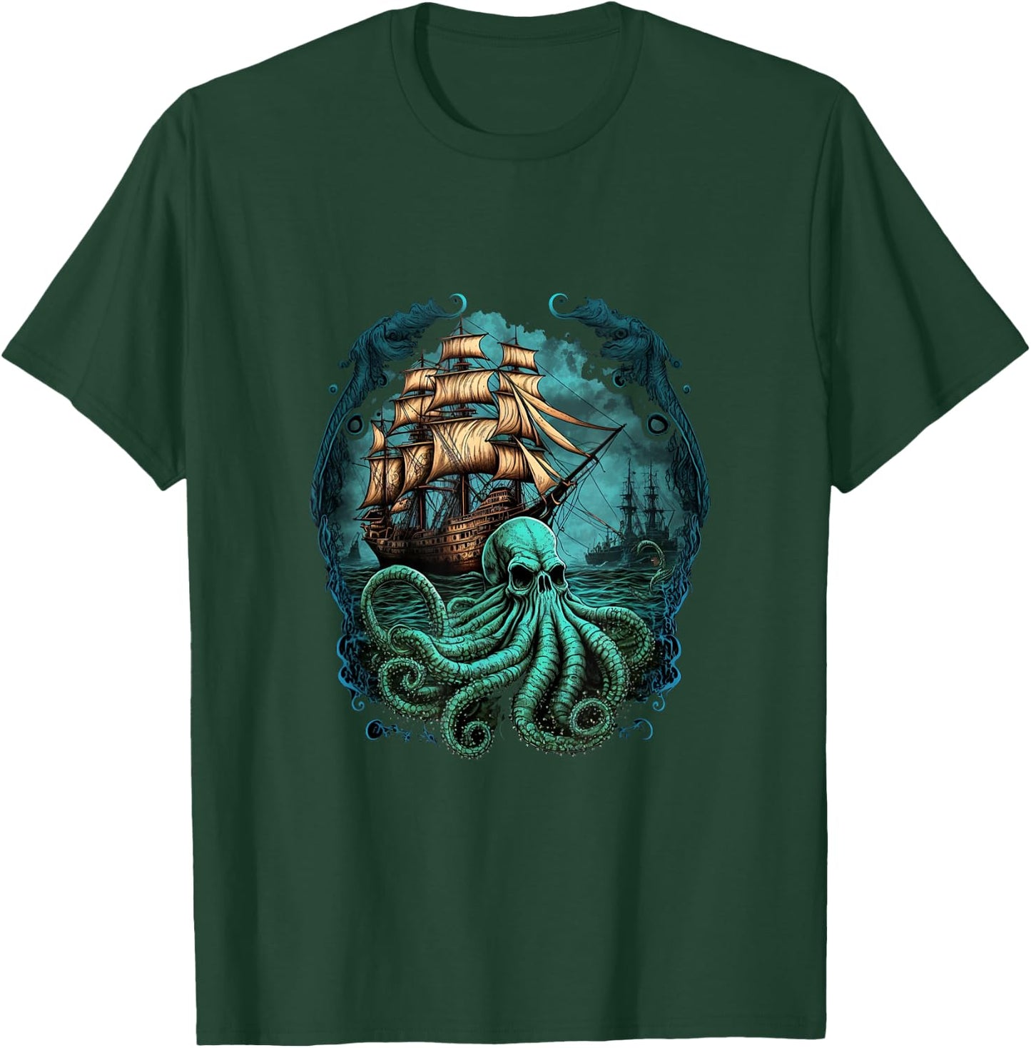 Octopus Kraken Pirate Ship Sailing T-Shirt - T-Shirt | Forest