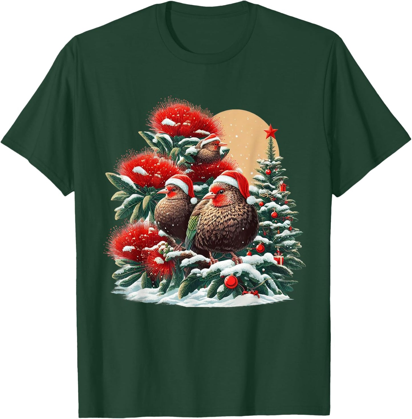 Christmas Pohutukawa Tree New Zealand Kiwi Birds Santa Hat T-Shirt - T-Shirt | Forest