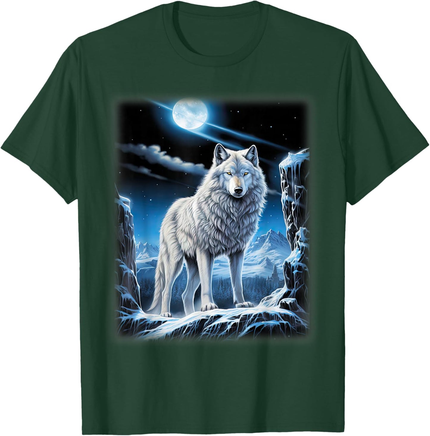 White Wolf standing on a snowy hill Forest Fantasy Nature T-Shirt - T-Shirt | Forest