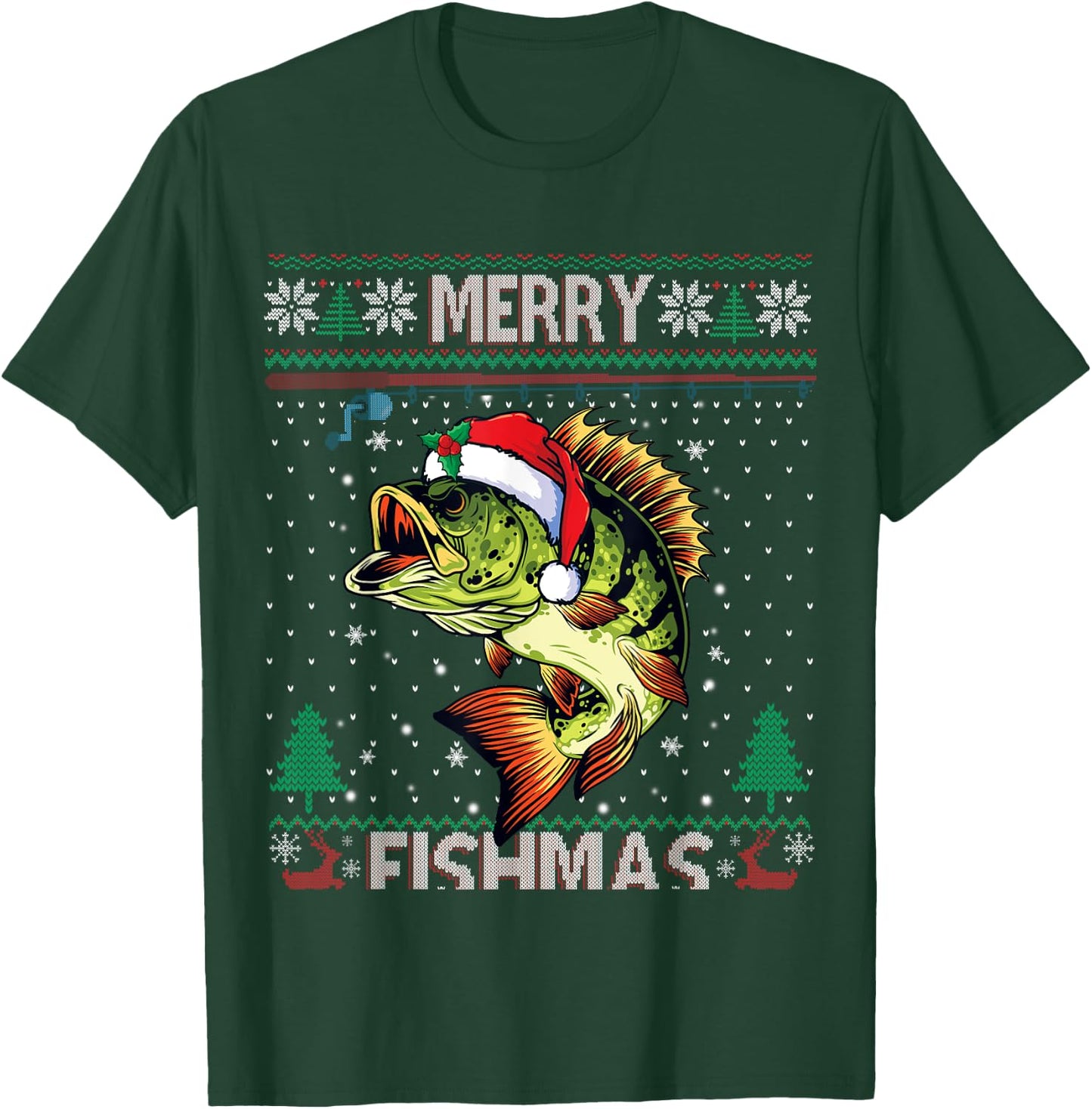 Merry Fishmas Bass Fish Fishing Christmas Ugly Sweater Xmas T-Shirt - T-Shirt | Forest
