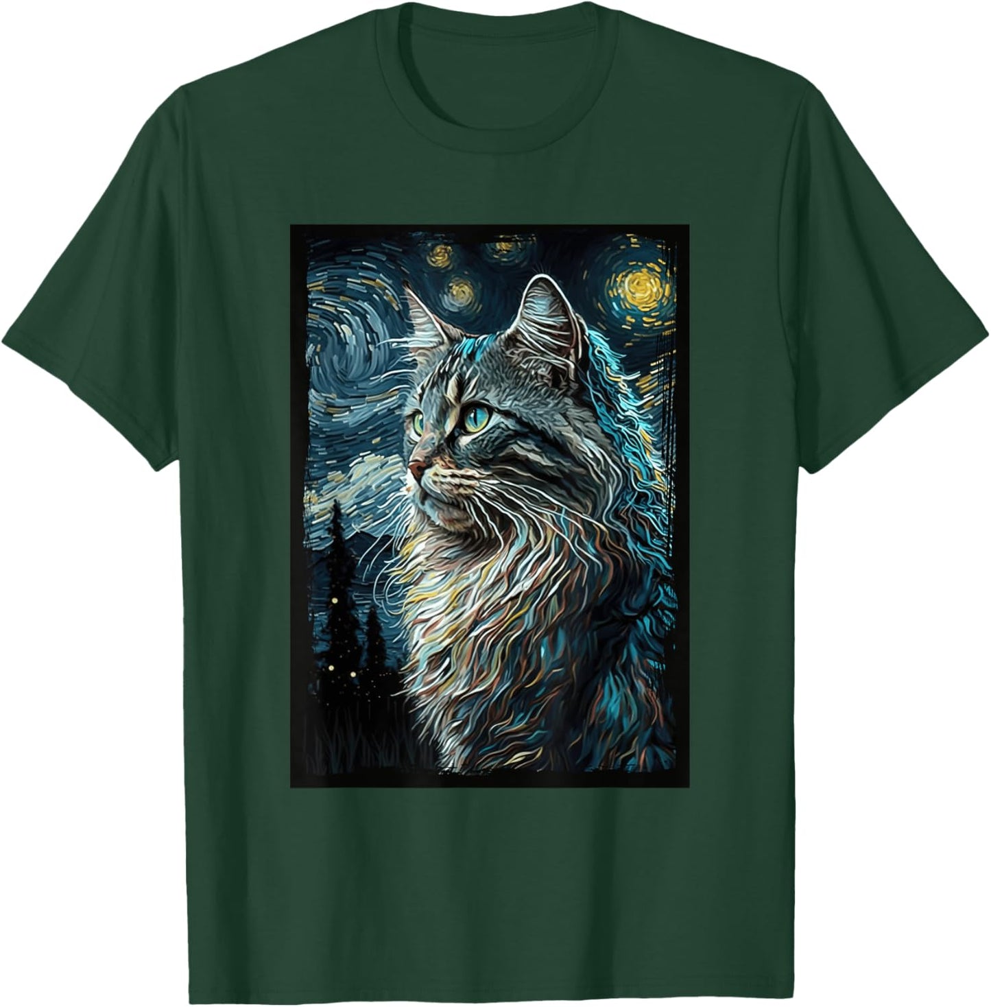 Maine Coon Cat Van Gogh's Starry Night Cat Lover Cat Mom Dad T-Shirt - T-Shirt | Forest