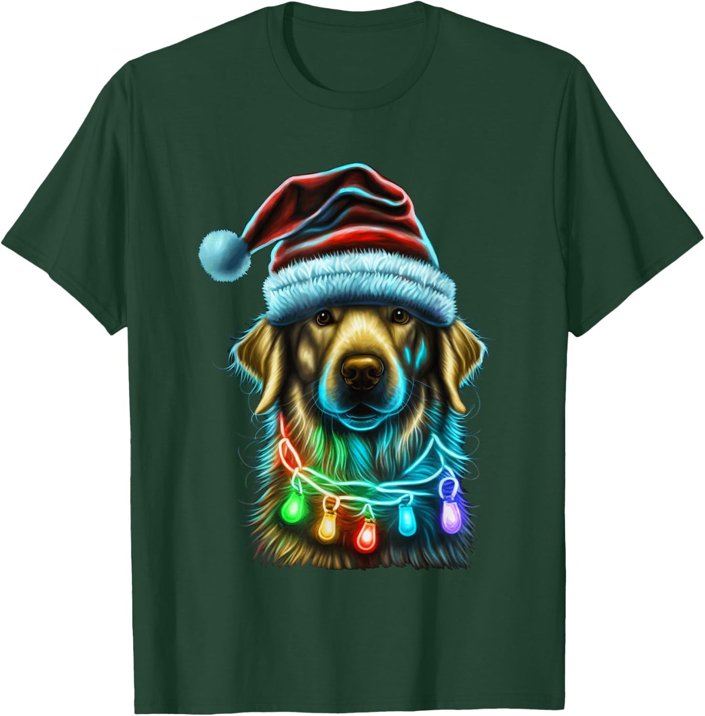 Golden Retriever Funny dog Christmas Santa Hat lights tree Men Women Kids T-Shirt - T-Shirt | Forest