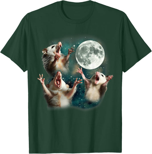 Three Possum Moon | 3 Opossum Funny Weird Cursed Meme T-Shirt - T-Shirt | Forest