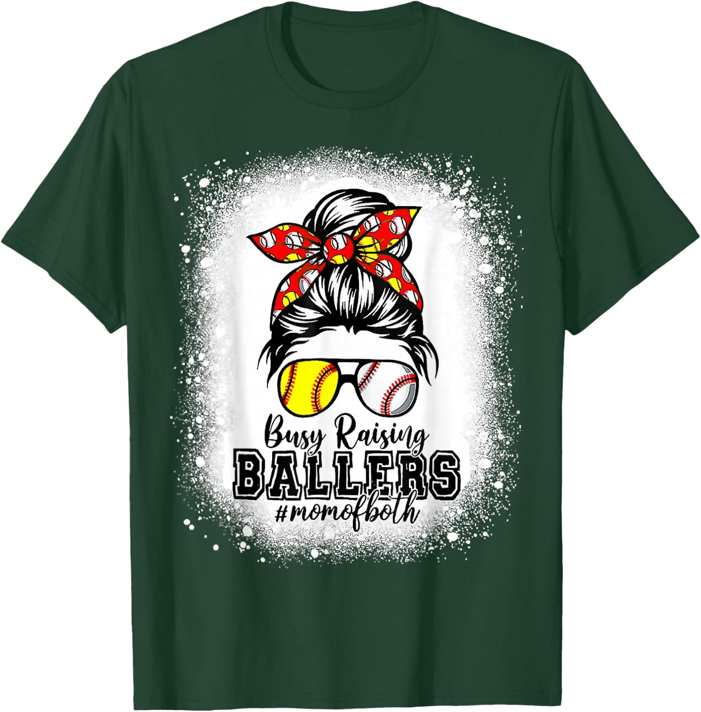 Messy Bun Mom Of Both Baseball Softball Busy Raising Ballers T-Shirt - T-Shirt | Forest
