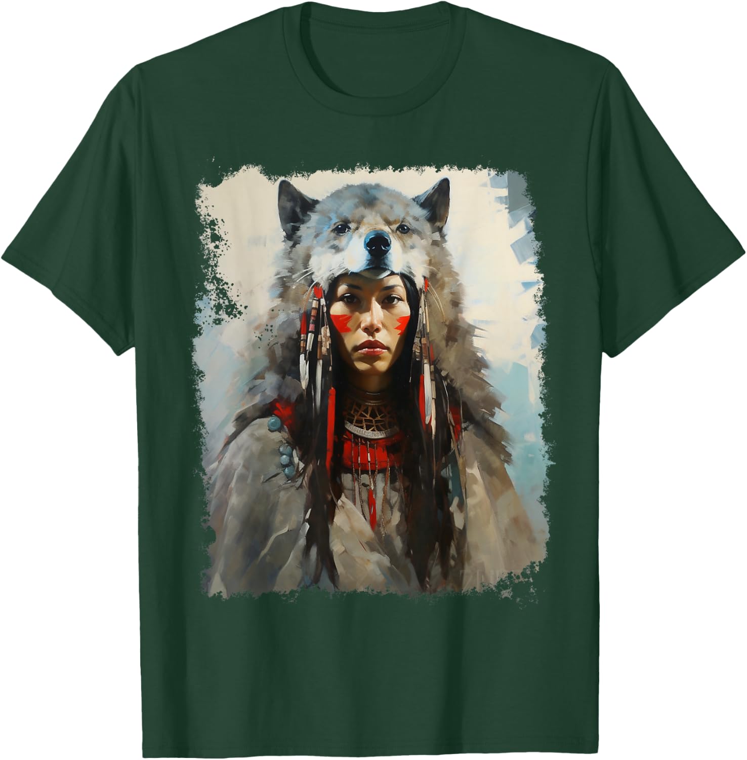 Native Indian Woman Tribe Wolf T-Shirt - T-Shirt | Forest