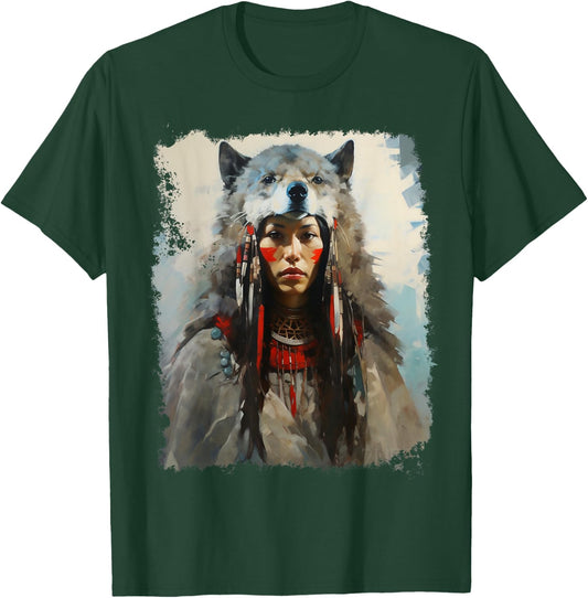 Native Indian Woman Tribe Wolf T-Shirt - T-Shirt | Forest