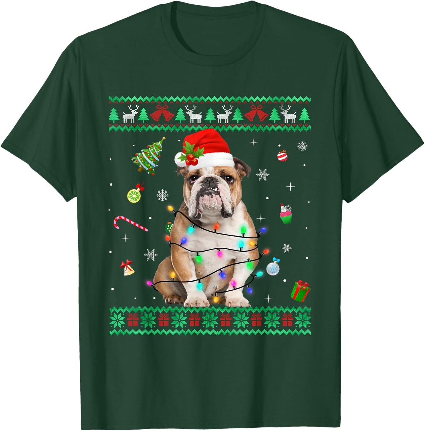 Ugly Sweater English Bulldog Dog Christmas Lights Santa Hat Women Kids T-Shirt - T-Shirt | Forest
