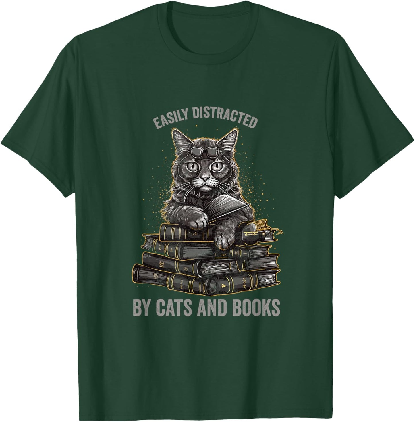Easily Distracted by Cats and Books Book Reading Lovers T-Shirt - T-Shirt | Forest