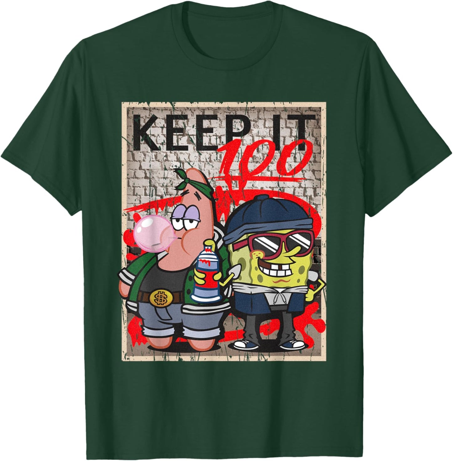 Mademark x SpongeBob SquarePants - SpongeBob and Patrick Keep it 100 Hip Hop Rap Graffiti Cool T-Shirt - T-Shirt | Forest