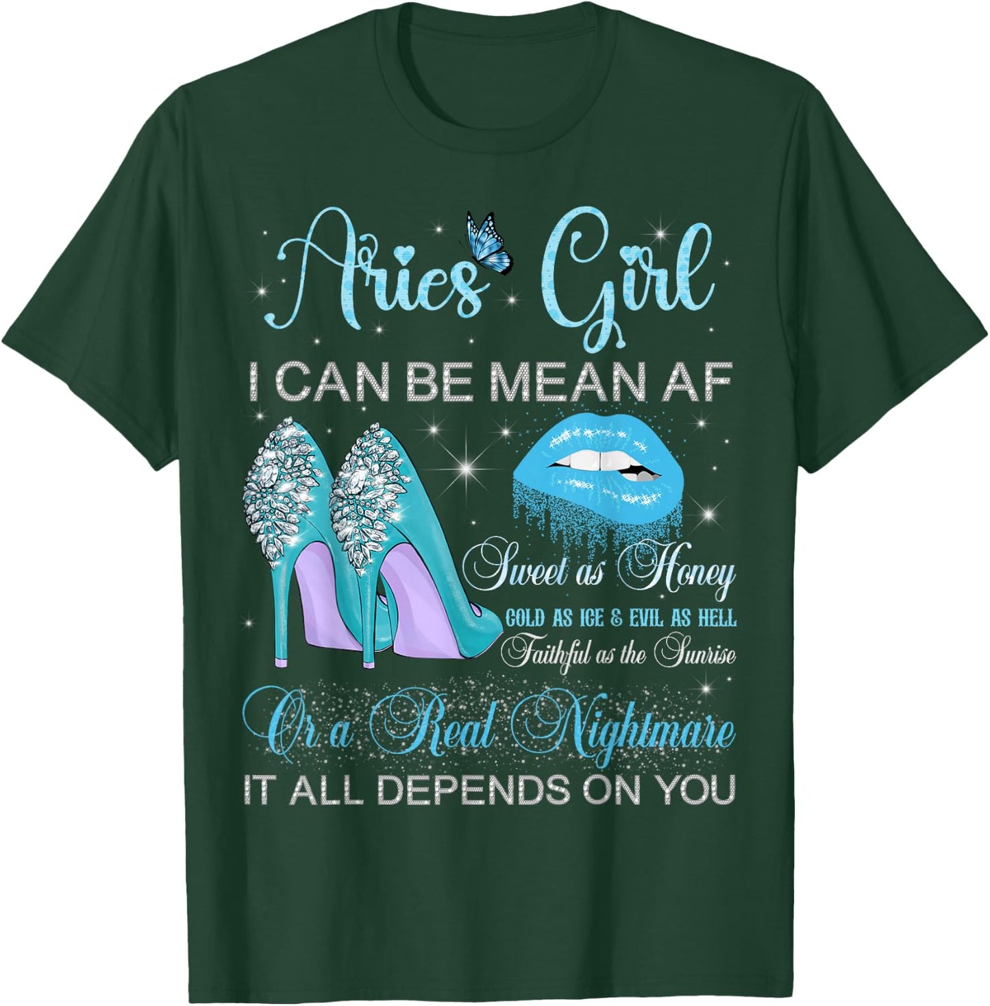 Aries Girl Birthday High Heels Dripping Lips Butterfly T-Shirt - T-Shirt | Forest