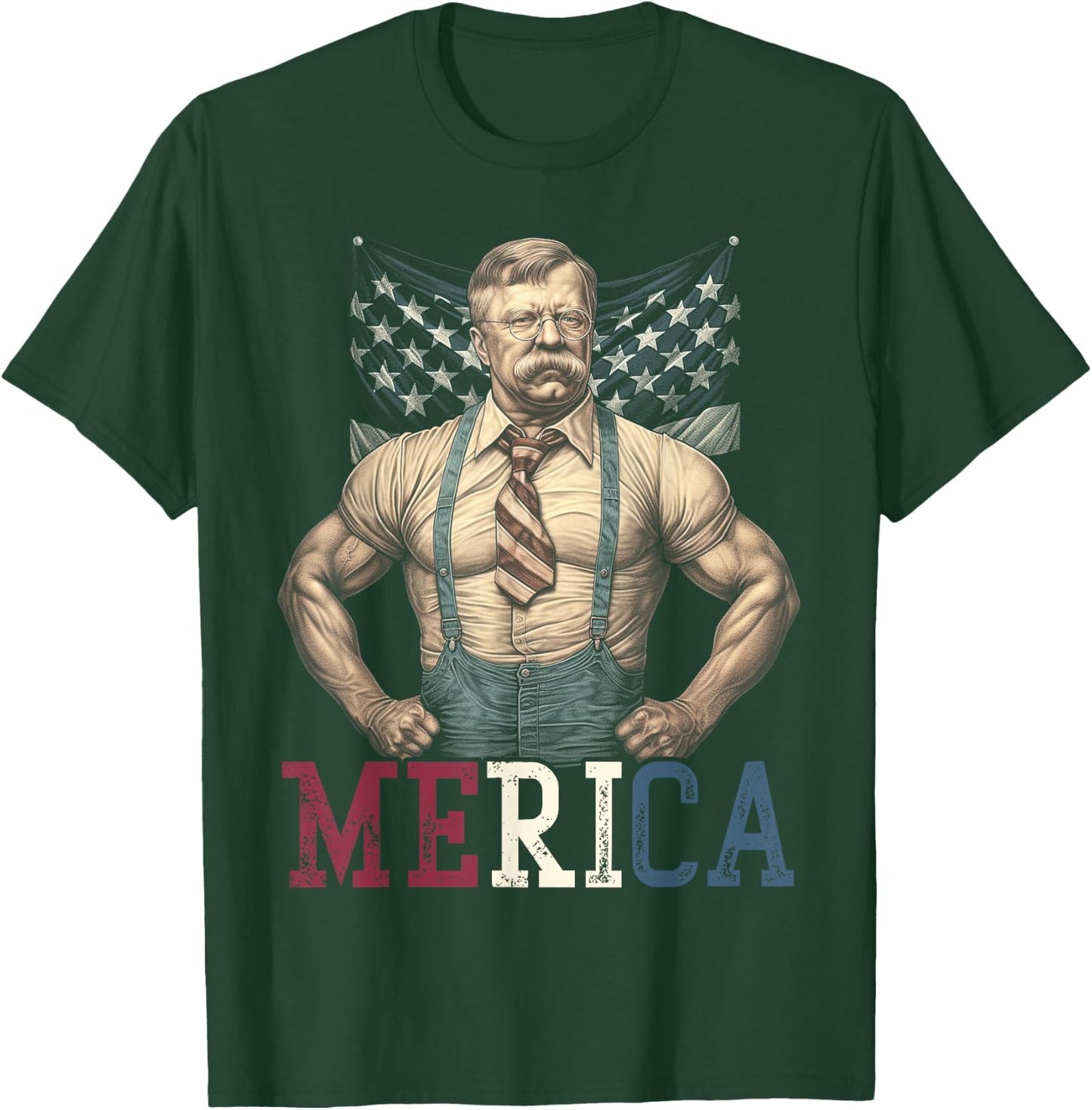 USA 4th of July, Teddy Roosevelt Funny Workout Muscles T-Shirt - T-Shirt | Forest