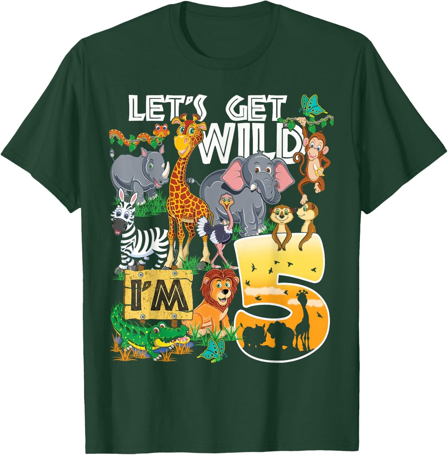Kids Safari Zoo 5th Birthday Party Let's Get Wild I'm 5 T-Shirt - T-Shirt | Forest