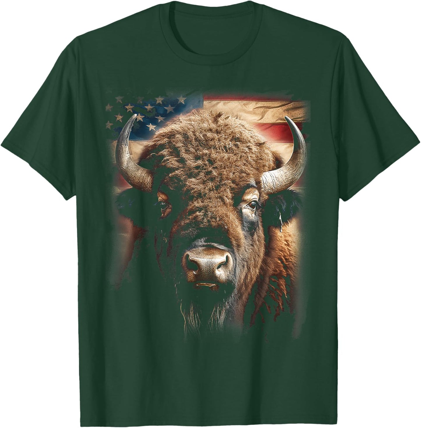 Western Buffalo American Bison USA Buffalo American flag Women Kids Men T-Shirt - T-Shirt | Forest