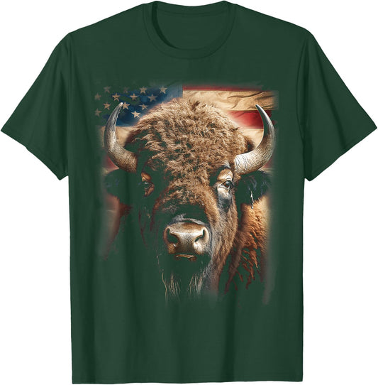 Western Buffalo American Bison USA Buffalo American flag Women Kids Men T-Shirt - T-Shirt | Forest