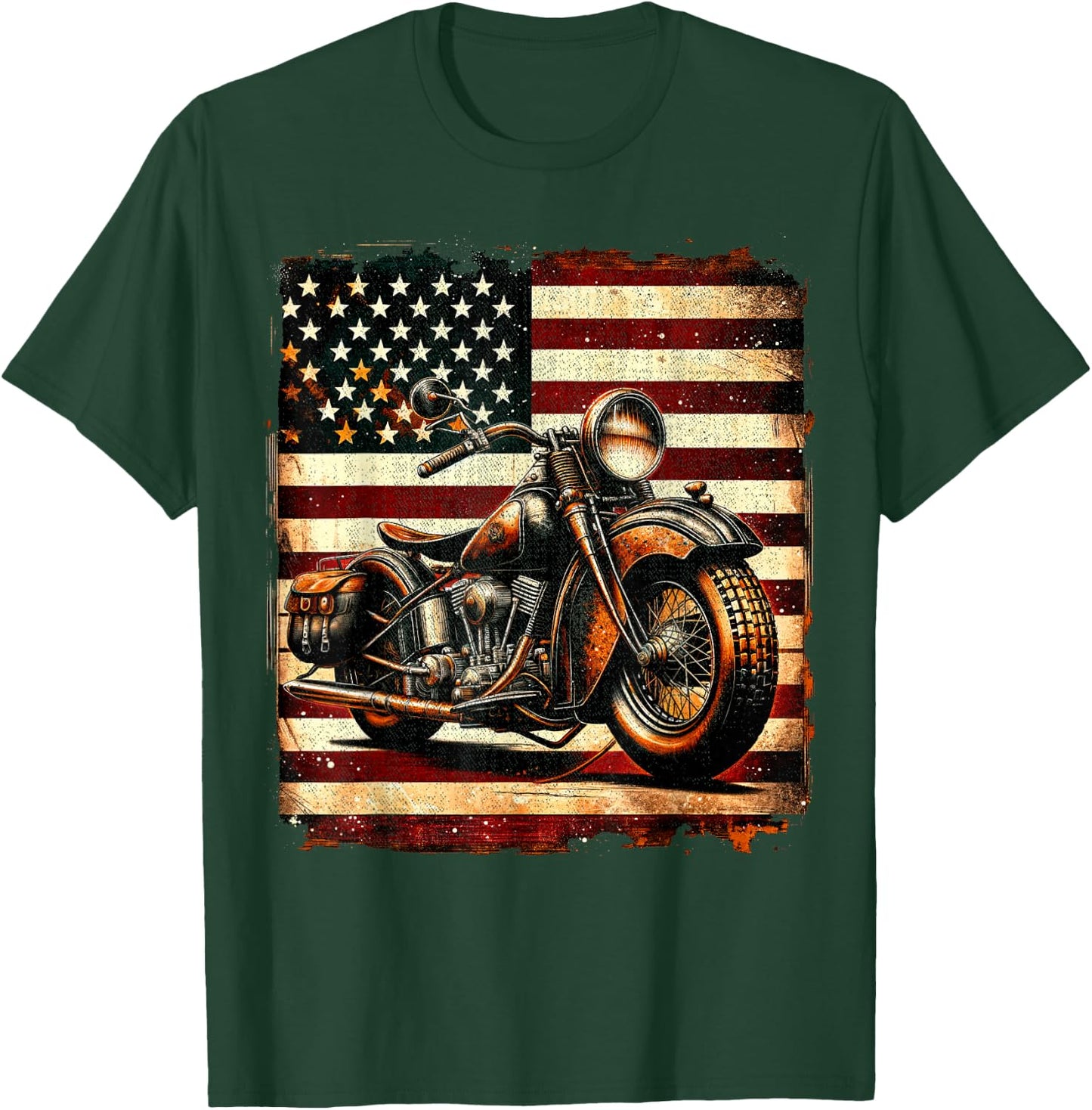 Motorcycle USA Flag Retro Biker Vintage Distressed T-Shirt - T-Shirt | Forest