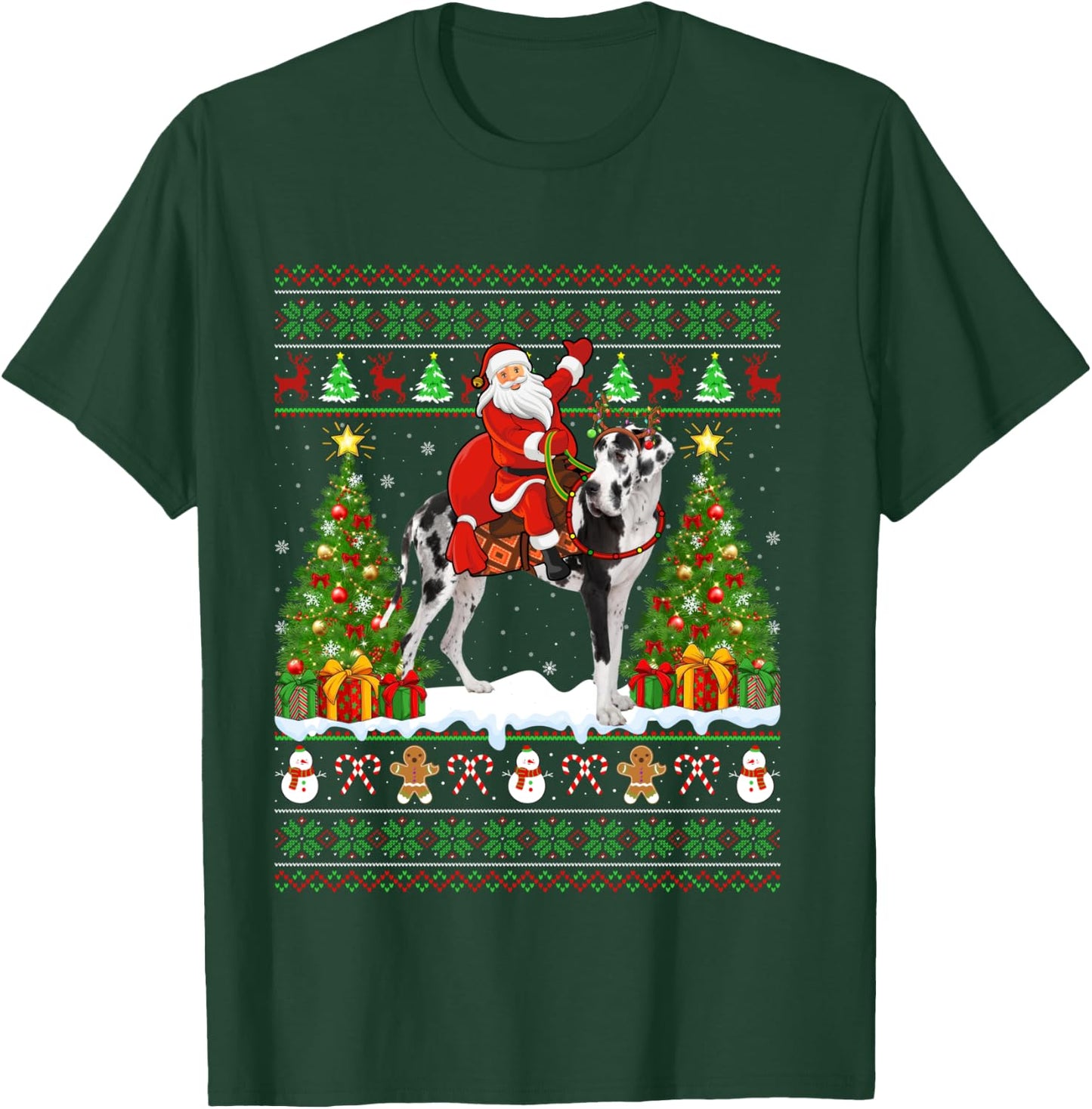 Xmas Sweater Ugly Santa Riding Great Dane Dog Christmas T-Shirt - T-Shirt | Forest