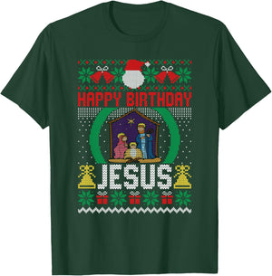 Funny Ugly Christmas Sweaters Happy Birthday Jesus Christian T-Shirt - T-Shirt | Forest