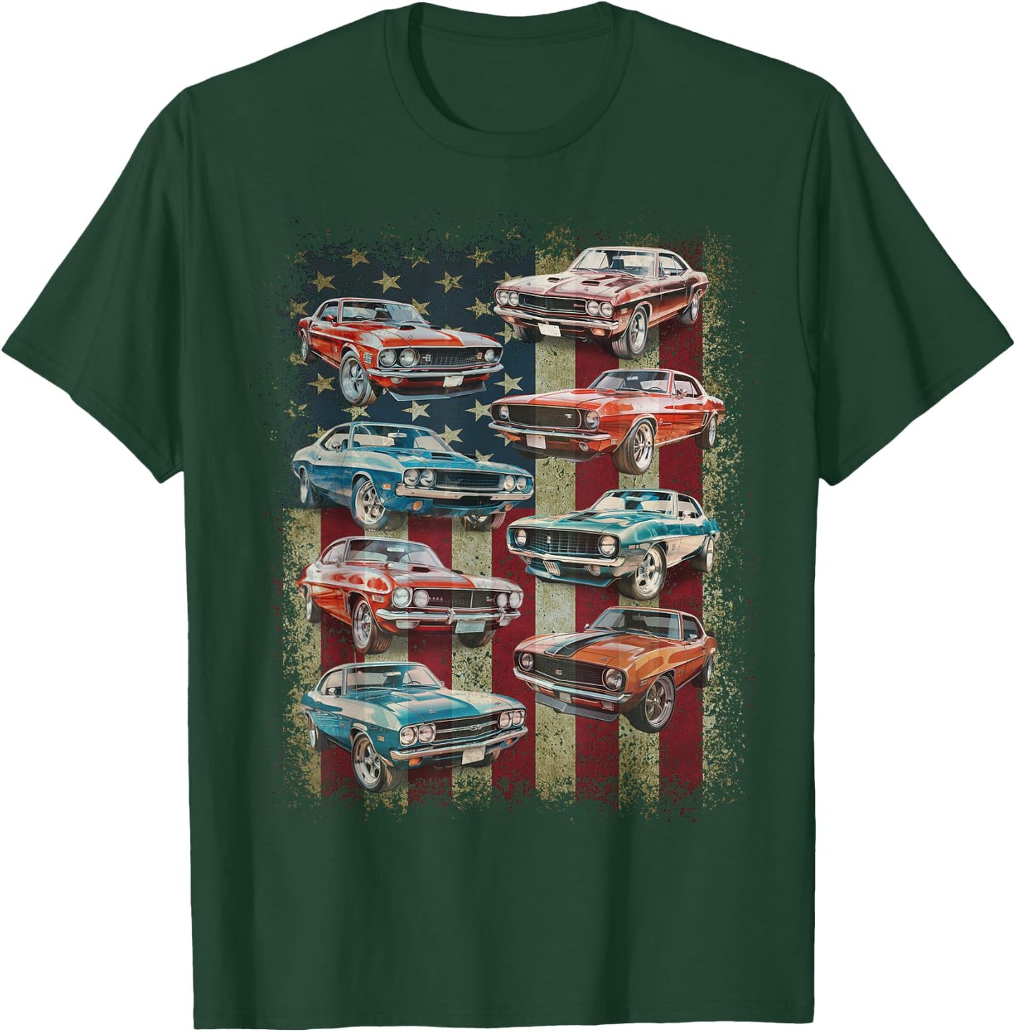 Classic Muscle Car Retro American Flag Patriotic Vintage T-Shirt - T-Shirt | Forest