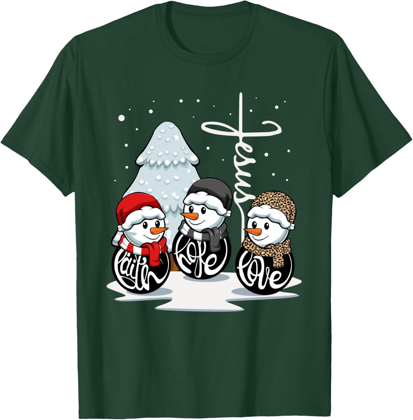 Faith Hope Love Jesus Christmas Pajama Snowman Christian T-Shirt - T-Shirt | Forest